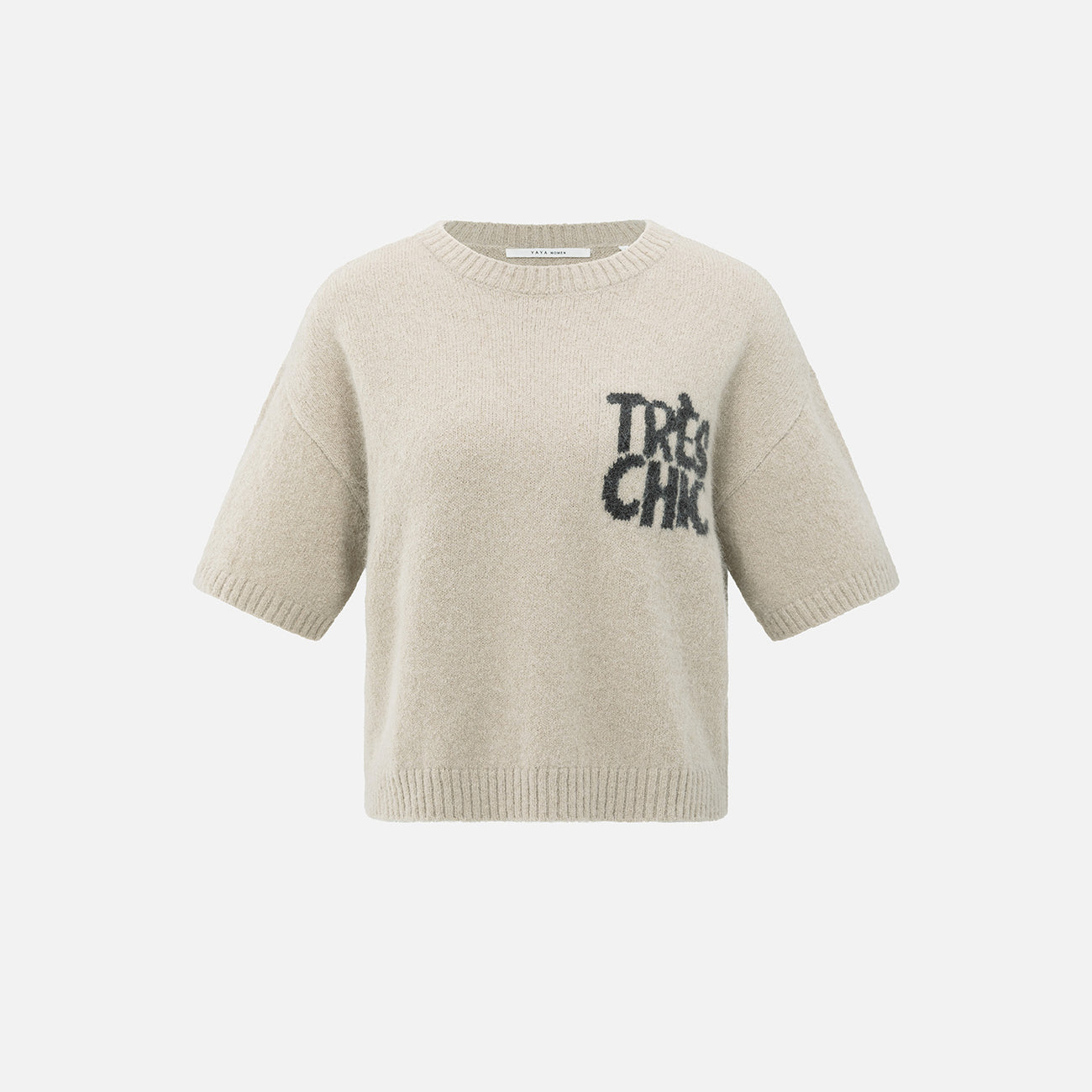 Knitted Short Sleeve Sweater with Artwork - Beige Melange