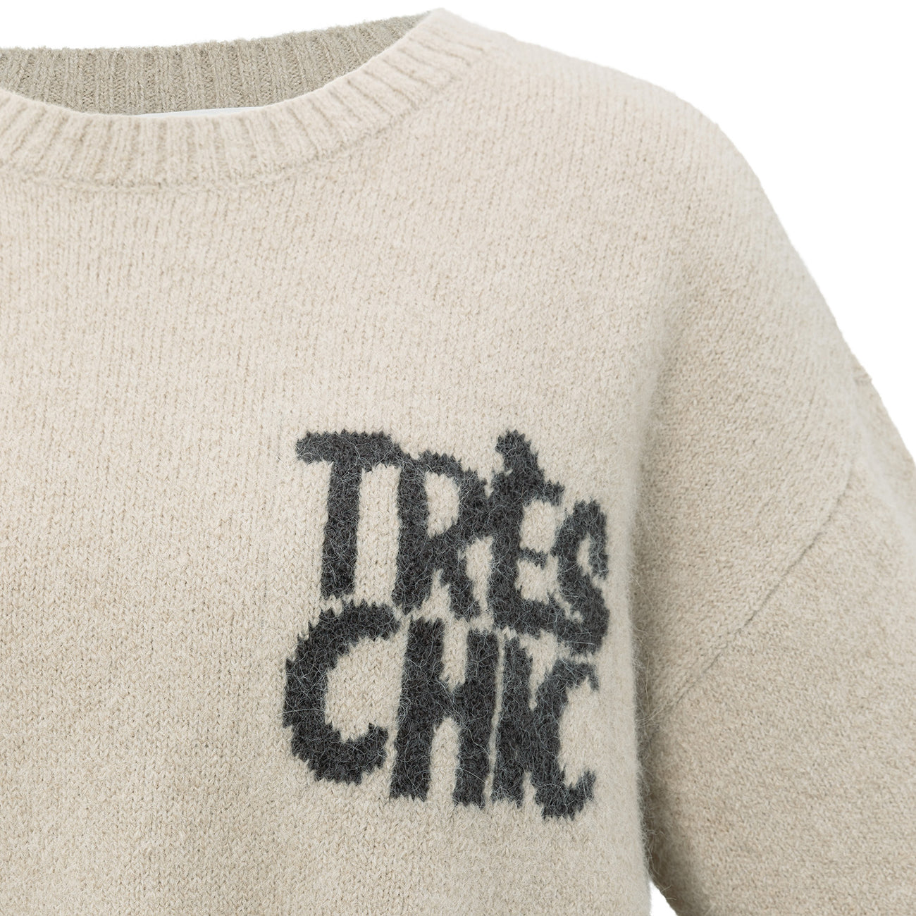 Knitted Short Sleeve Sweater with Artwork - Beige Melange