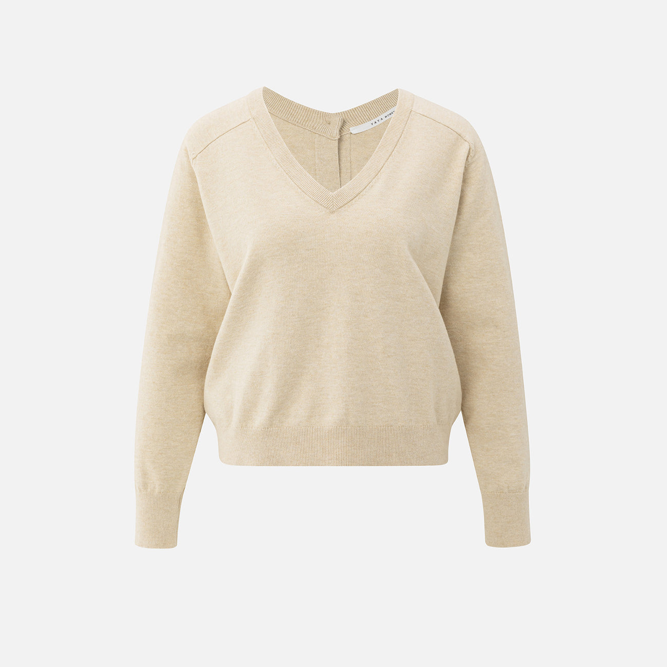 Double V-Neck Sweater with Back Button Detail - Yellow Sand Beige