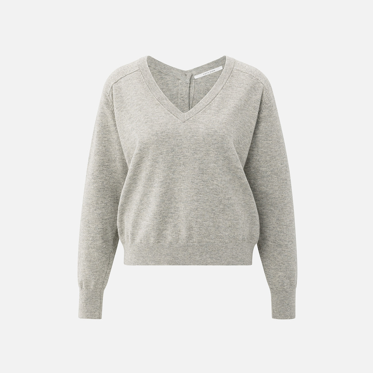 Double V-Neck Sweater with Back Button Detail - Brownish Grey
