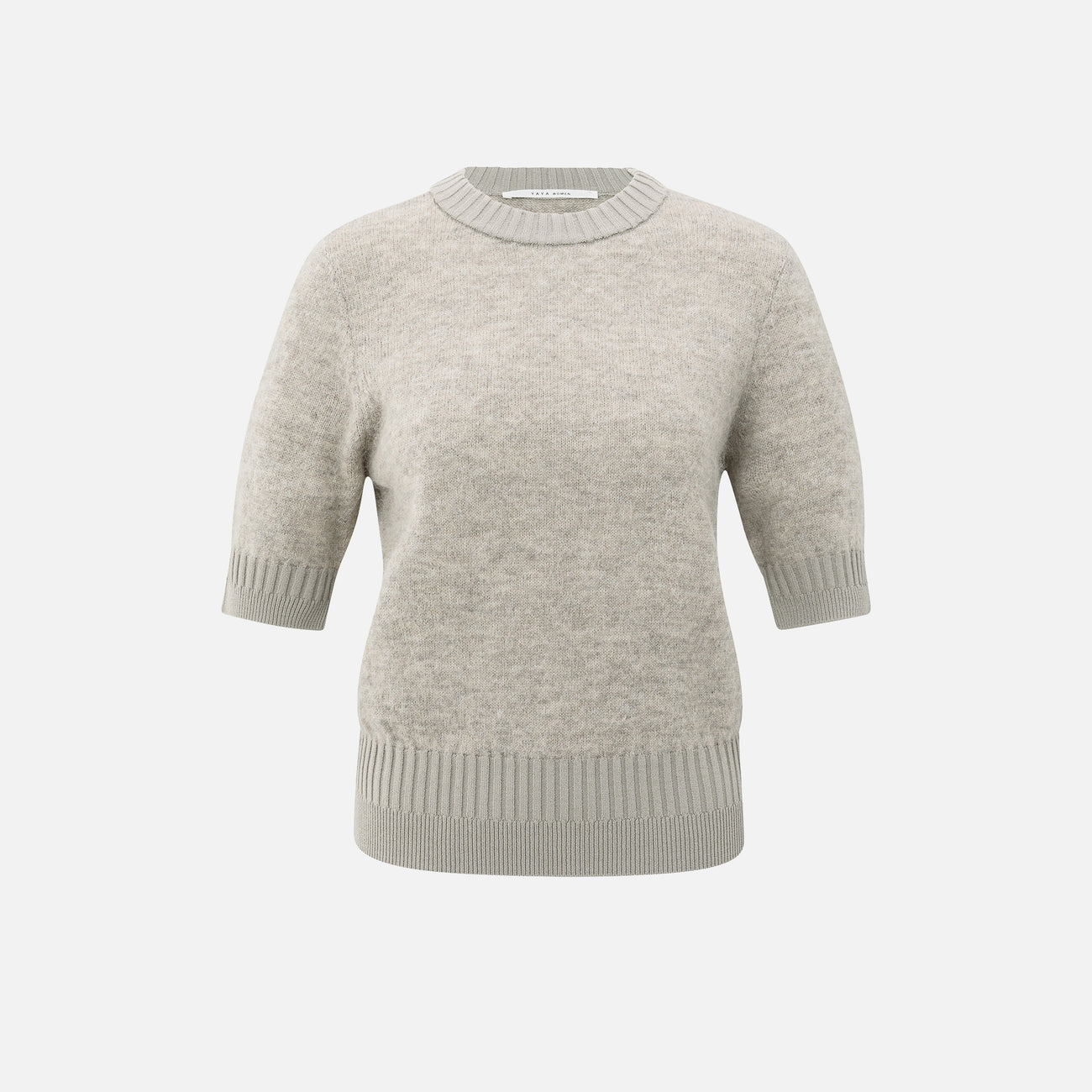 Knitted Short Sleeve Sweater with Double Rib Details - Brownish Grey