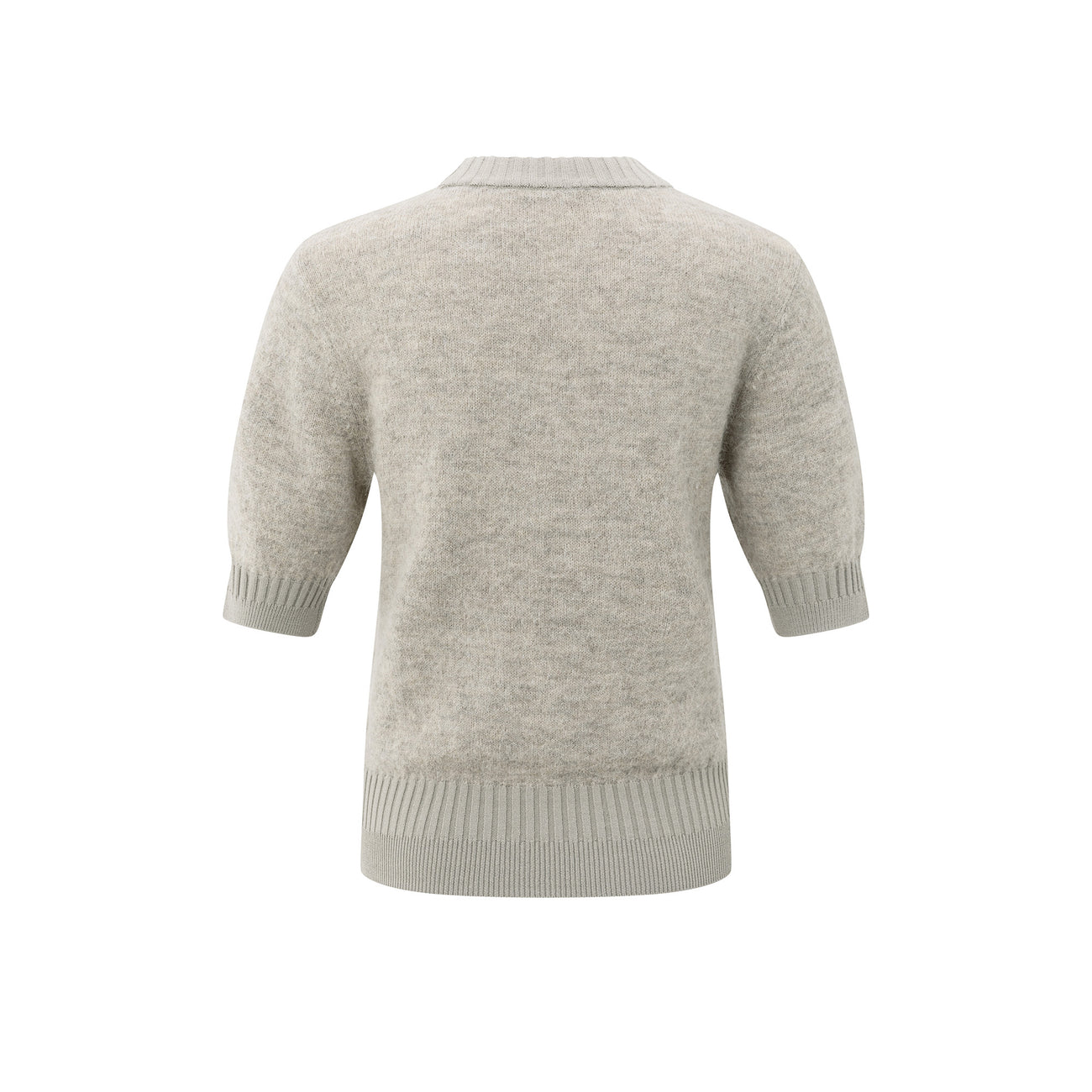 Knitted Short Sleeve Sweater with Double Rib Details - Brownish Grey