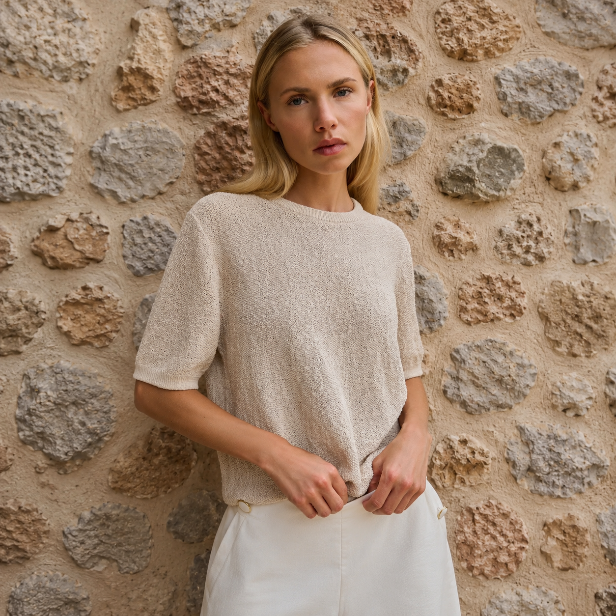 Textured Short Sleeve Knitted Sweater