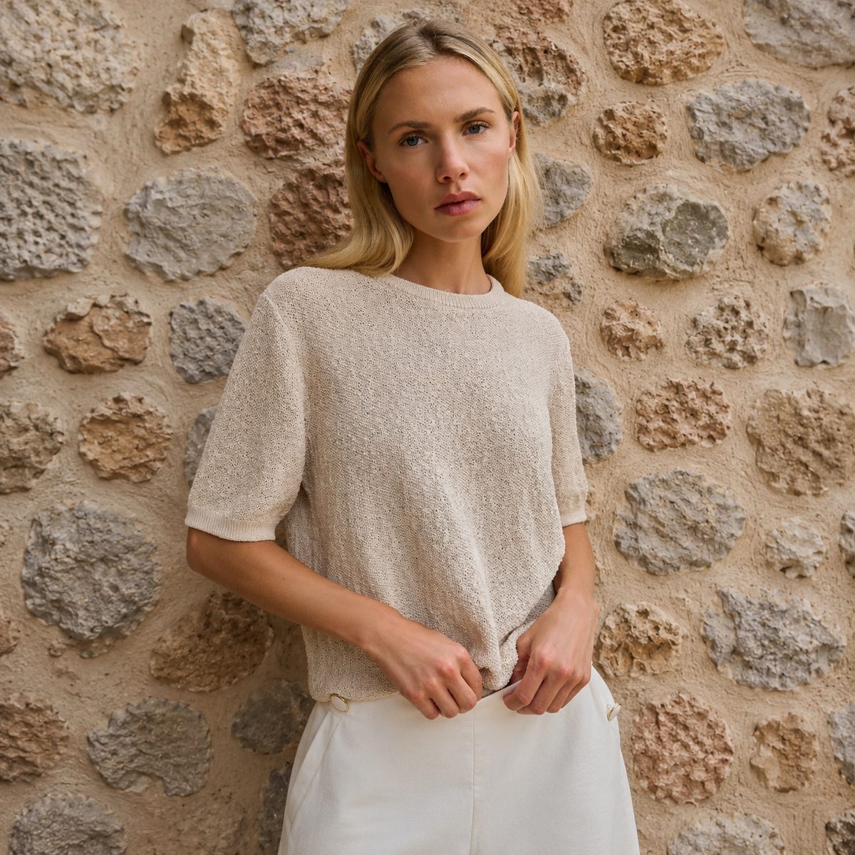 Textured Short Sleeve Knitted Sweater - Desert Beige