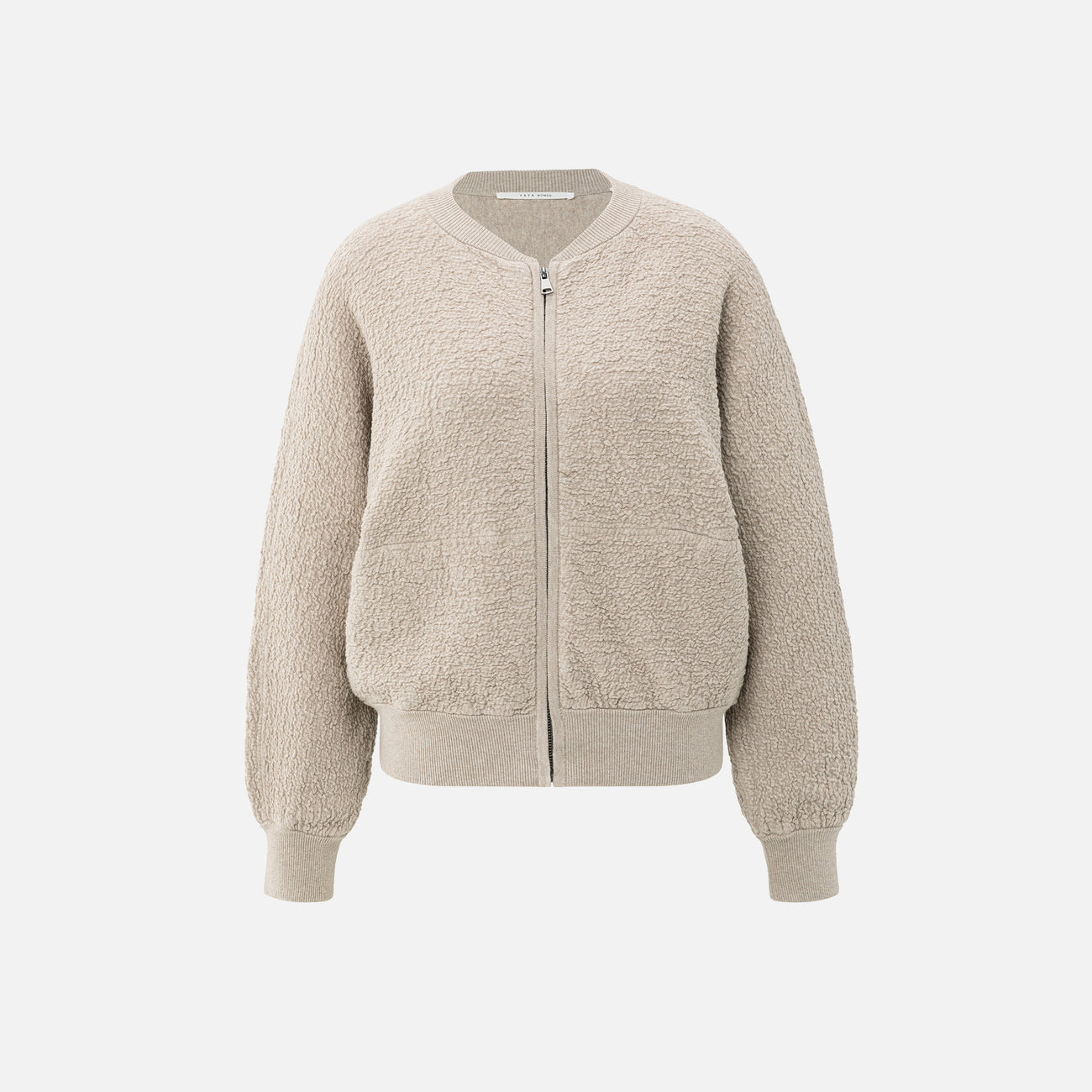 Textured Knitted Bomber with Long Sleeves - Sand Melange