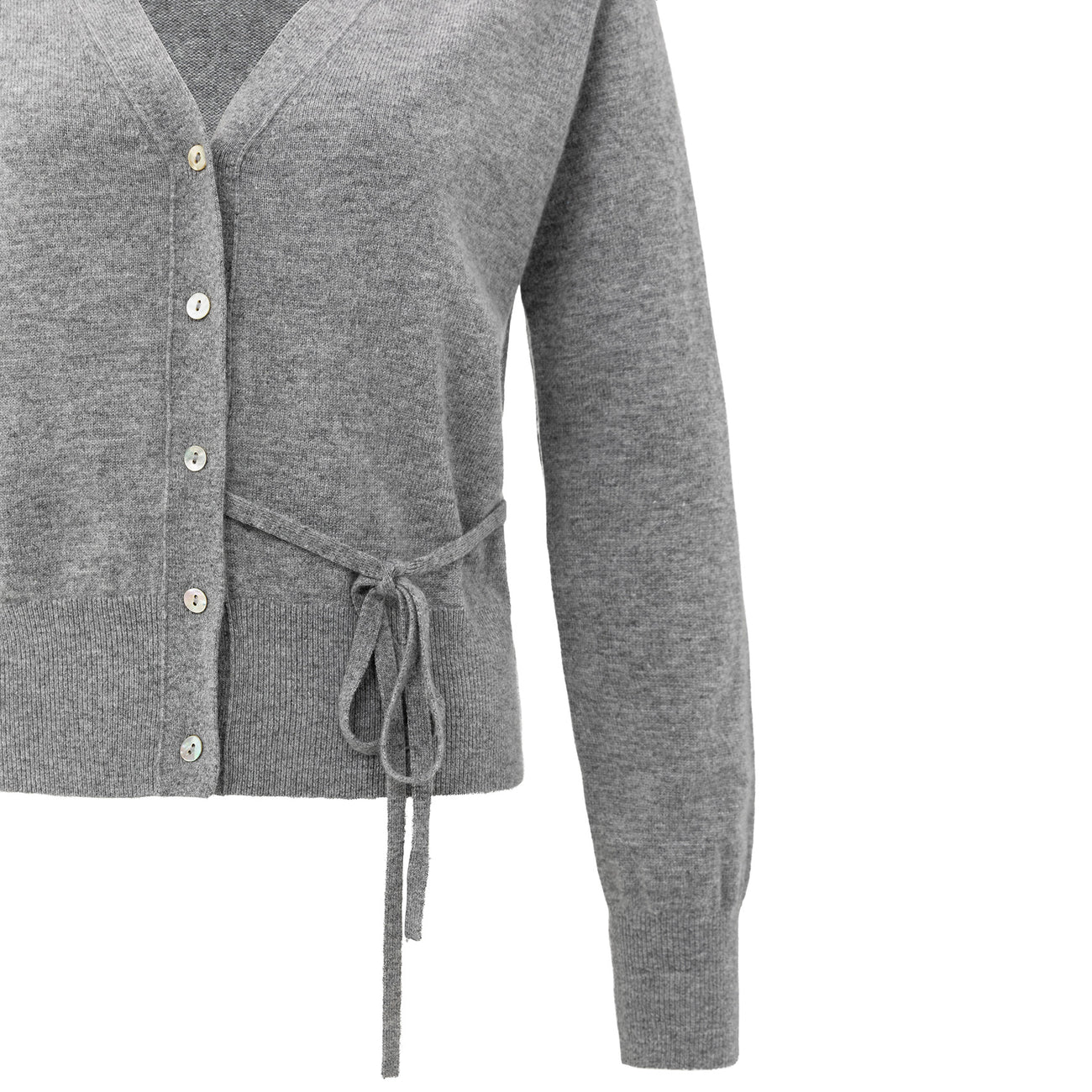 Cardigan with V-Neck & Tie Waist - Medium Grey Melange
