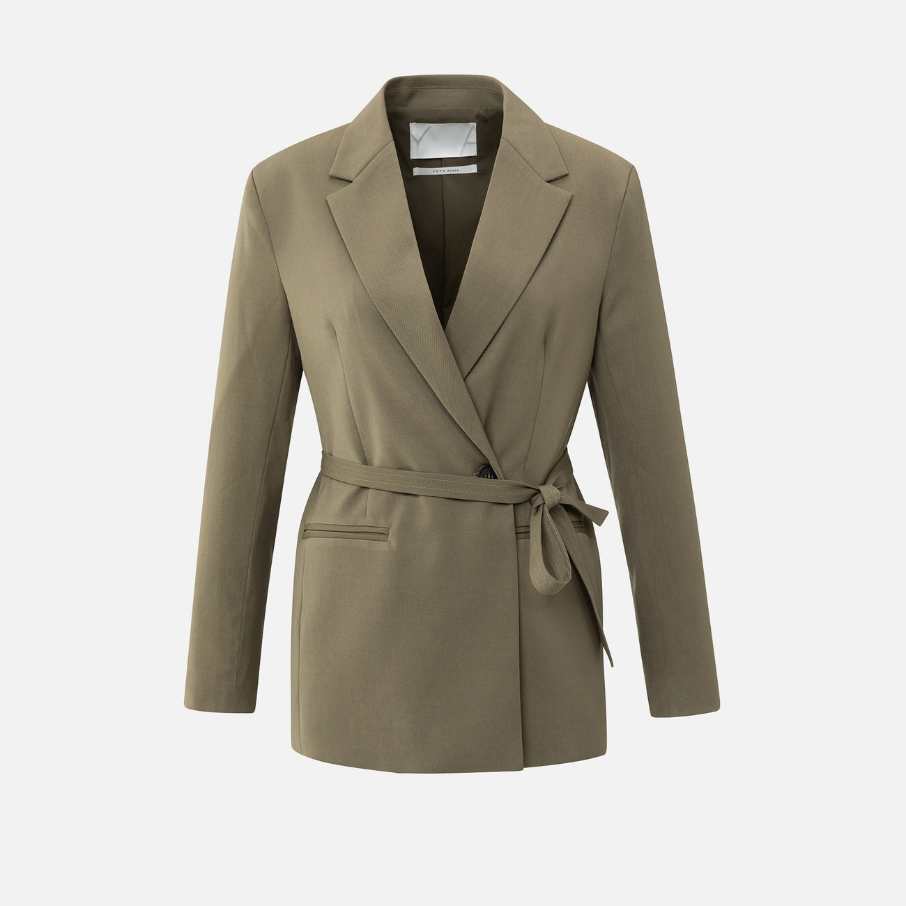 Blazer with Belt & Double-Breasted Closure - Capers Brownish Green