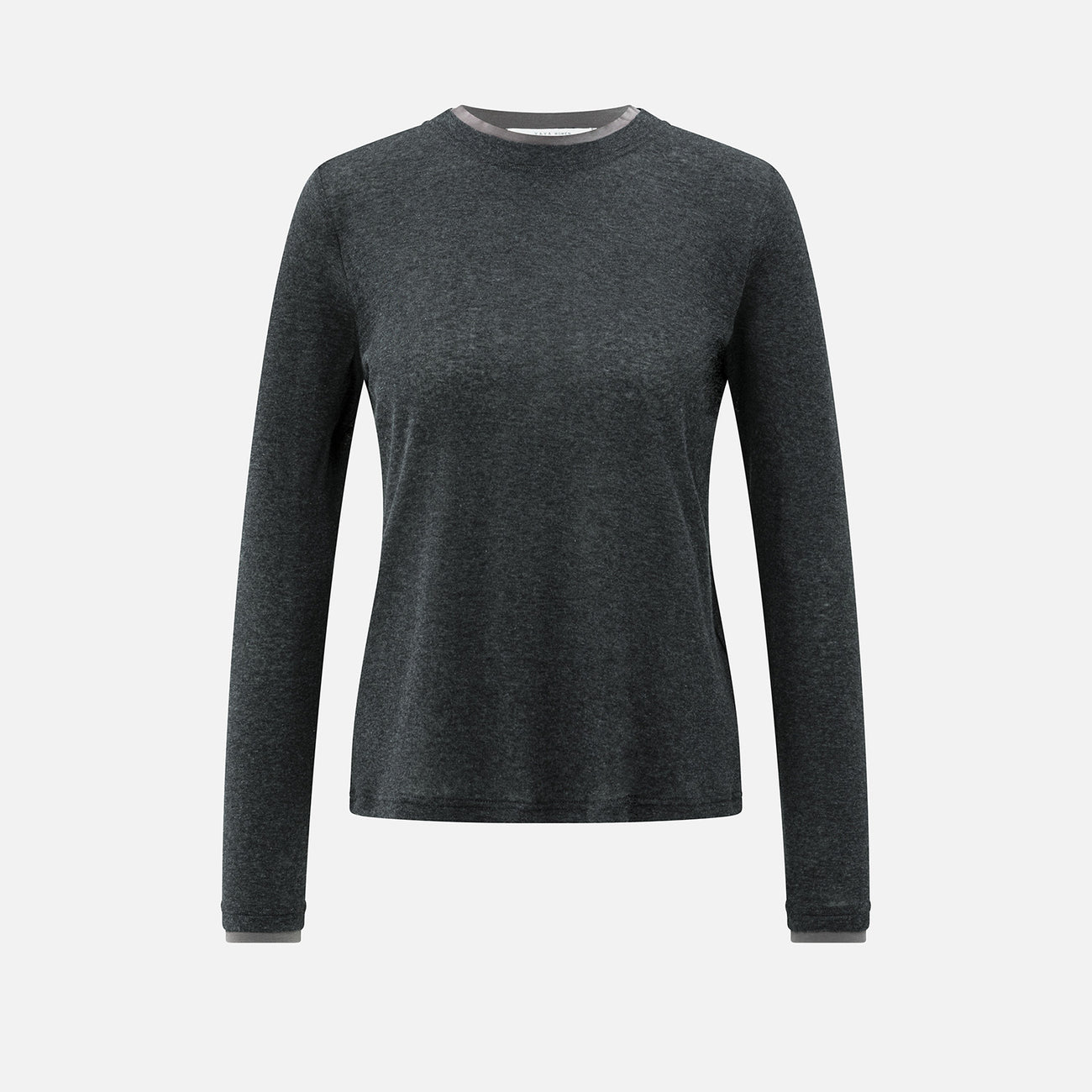 Long Sleeve Top with Suedine Trim Neckline - Anthracite Melange