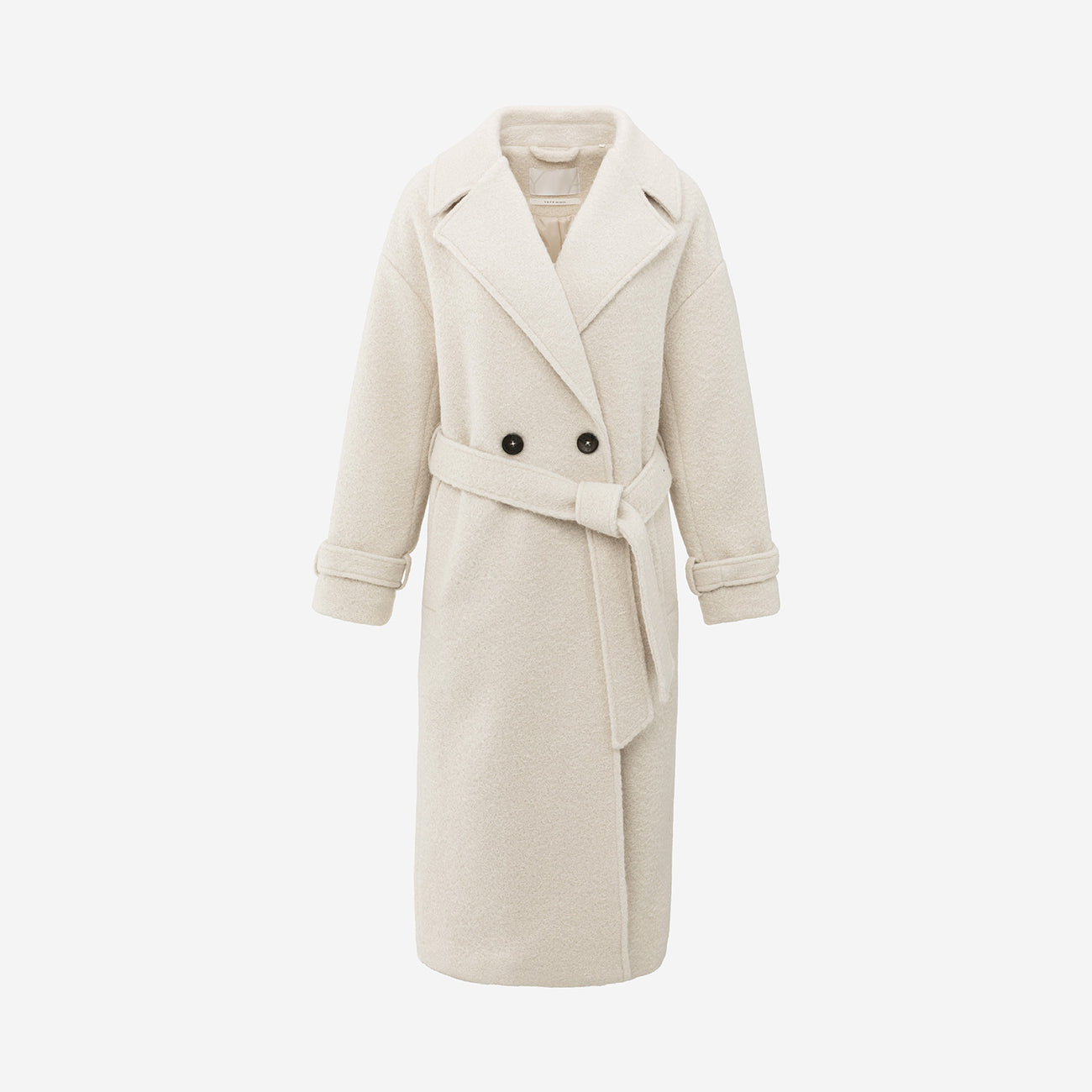 Long Bouclé Coat with Belt and Oversized Fit - Chalk White