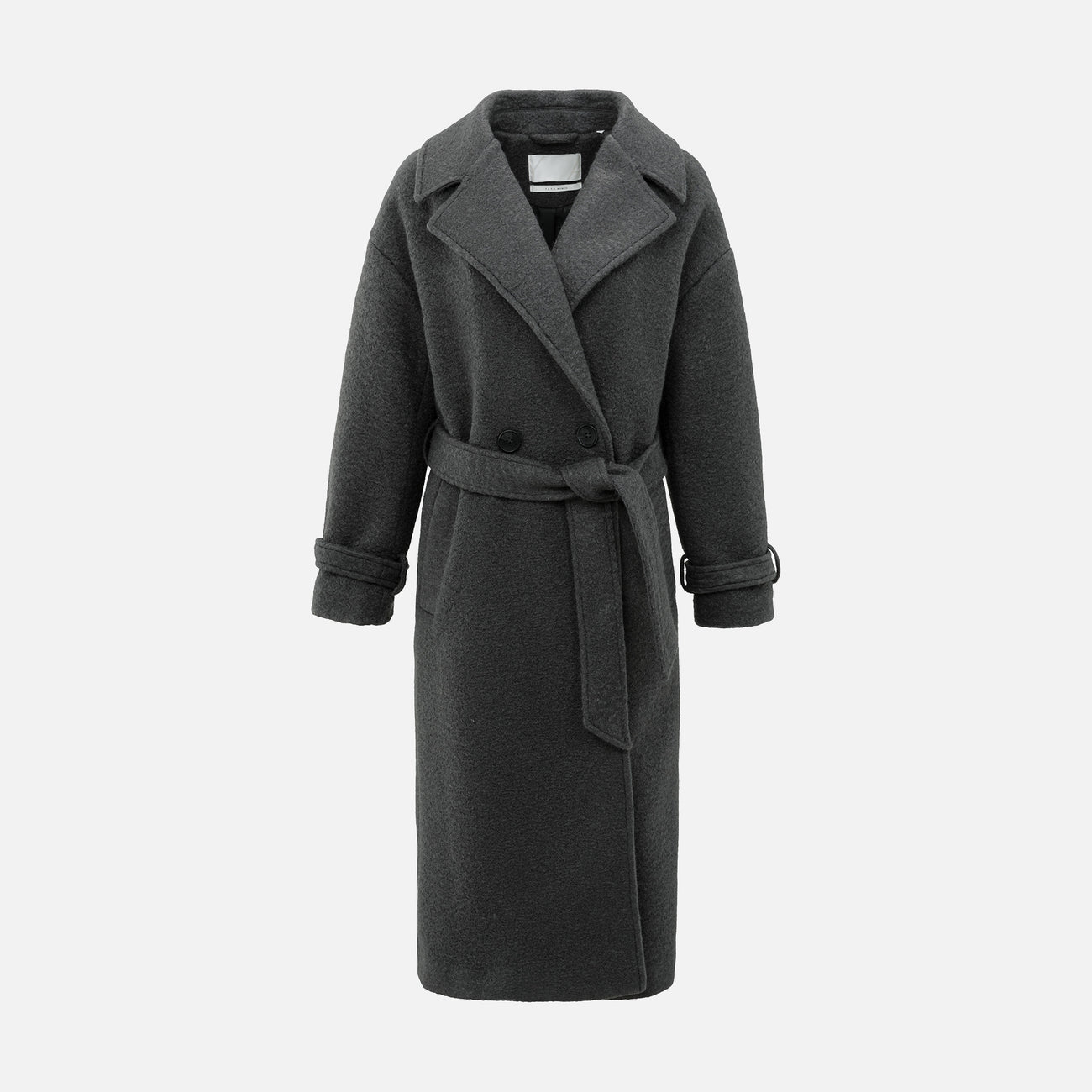 Long Bouclé Coat with Belt and Oversized Fit - Anthracite Melange