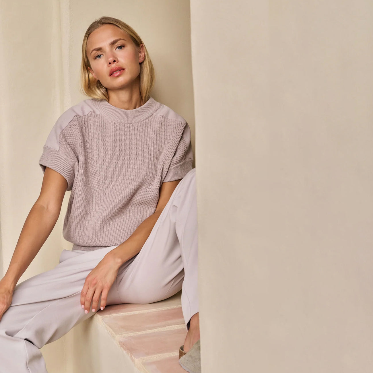 Knitted Top with Woven Shoulder Details