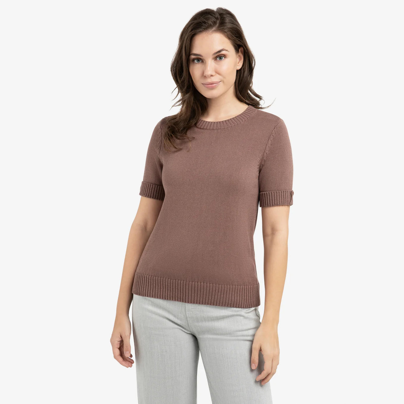 Knitted Sweater Roll Up Short Sleeves - Deep Taupe Brown