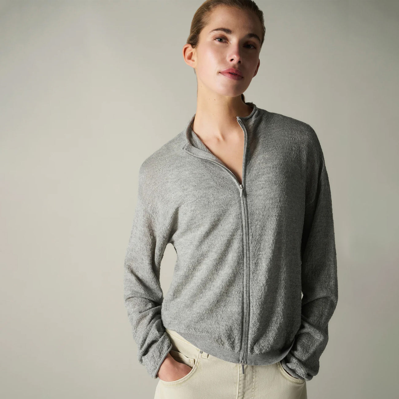 Knitted Cardigan with High Neck and Zipper