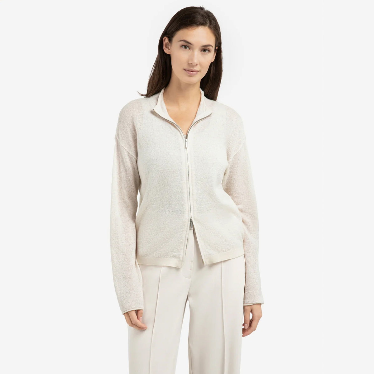 Knitted Cardigan with High Neck and Zipper - Kit Beige