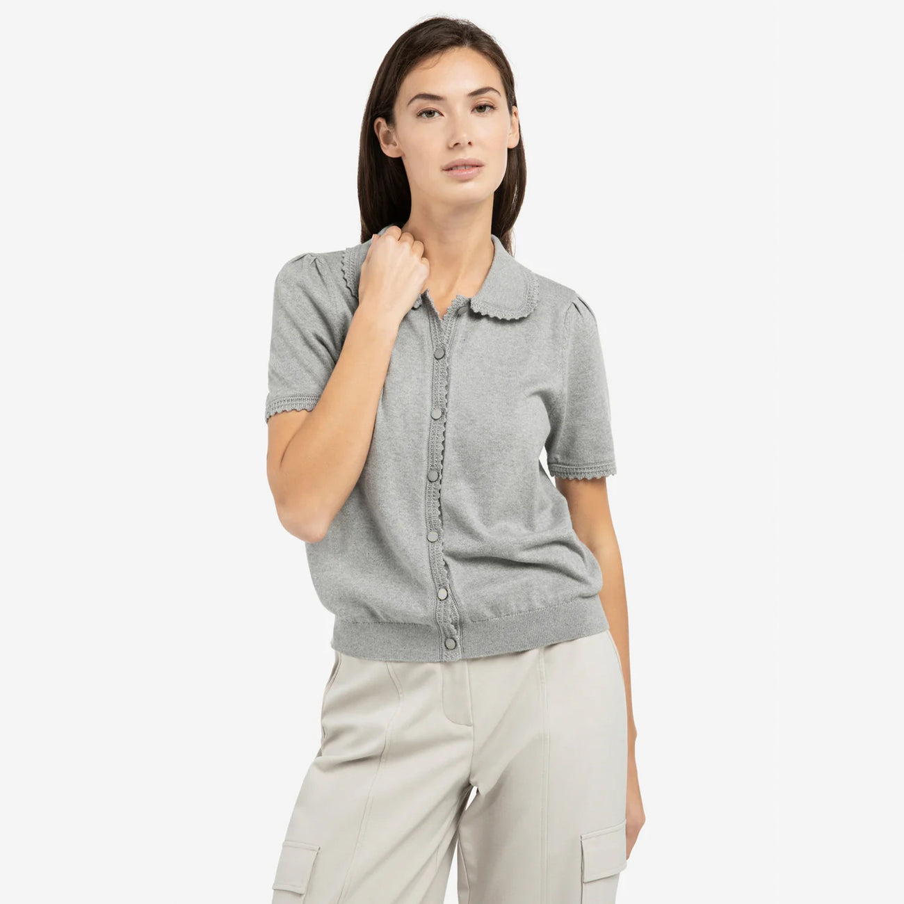Knitted Cardigan with Short Sleeves -  Iron Grey Melange