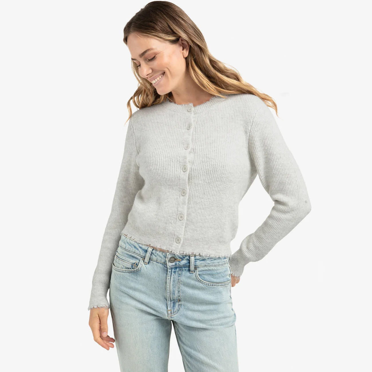 Short Melange Cardigan with Refined Trim Details - Cloud Grey