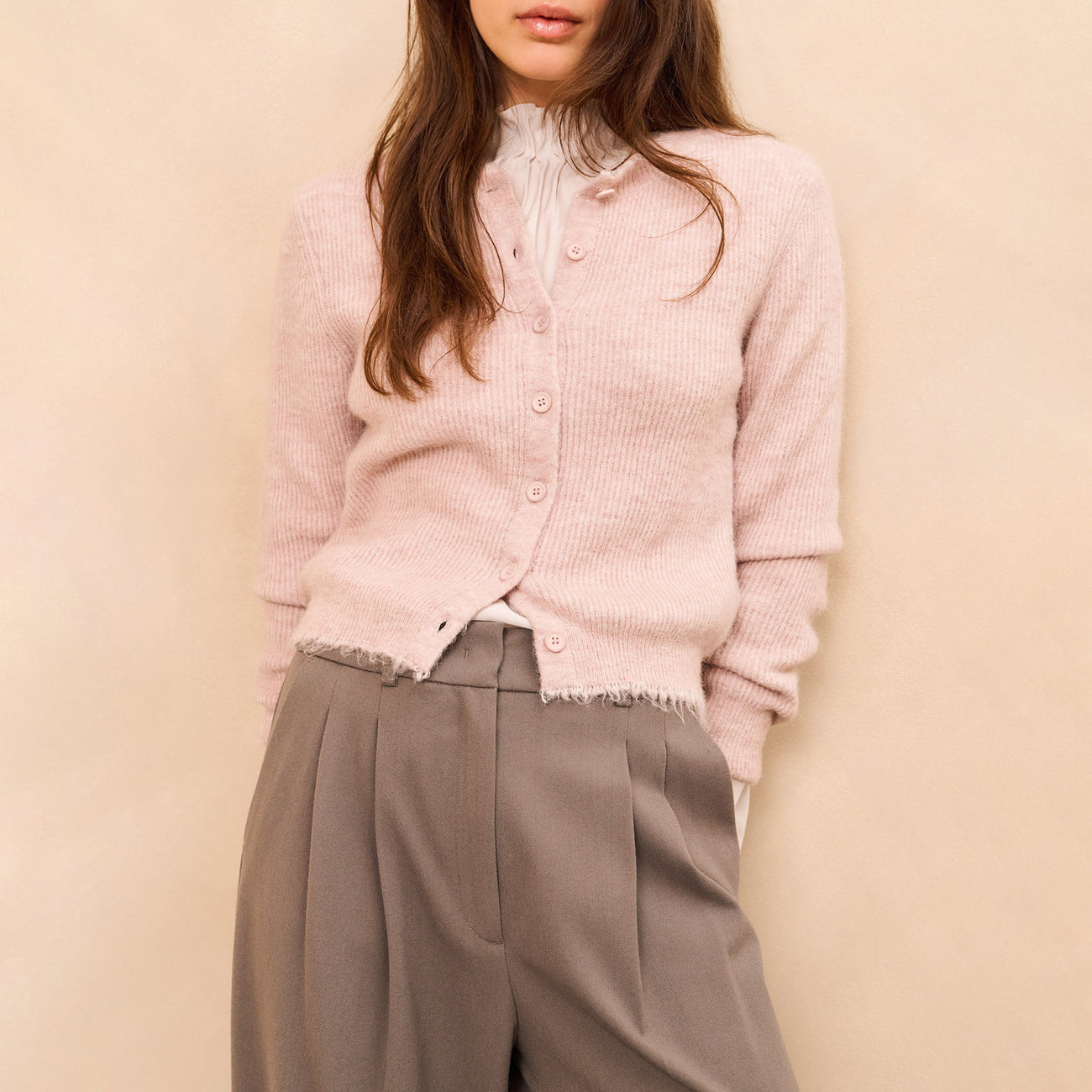Short Melange Cardigan with Refined Trim Details - Shadow Grey Pink