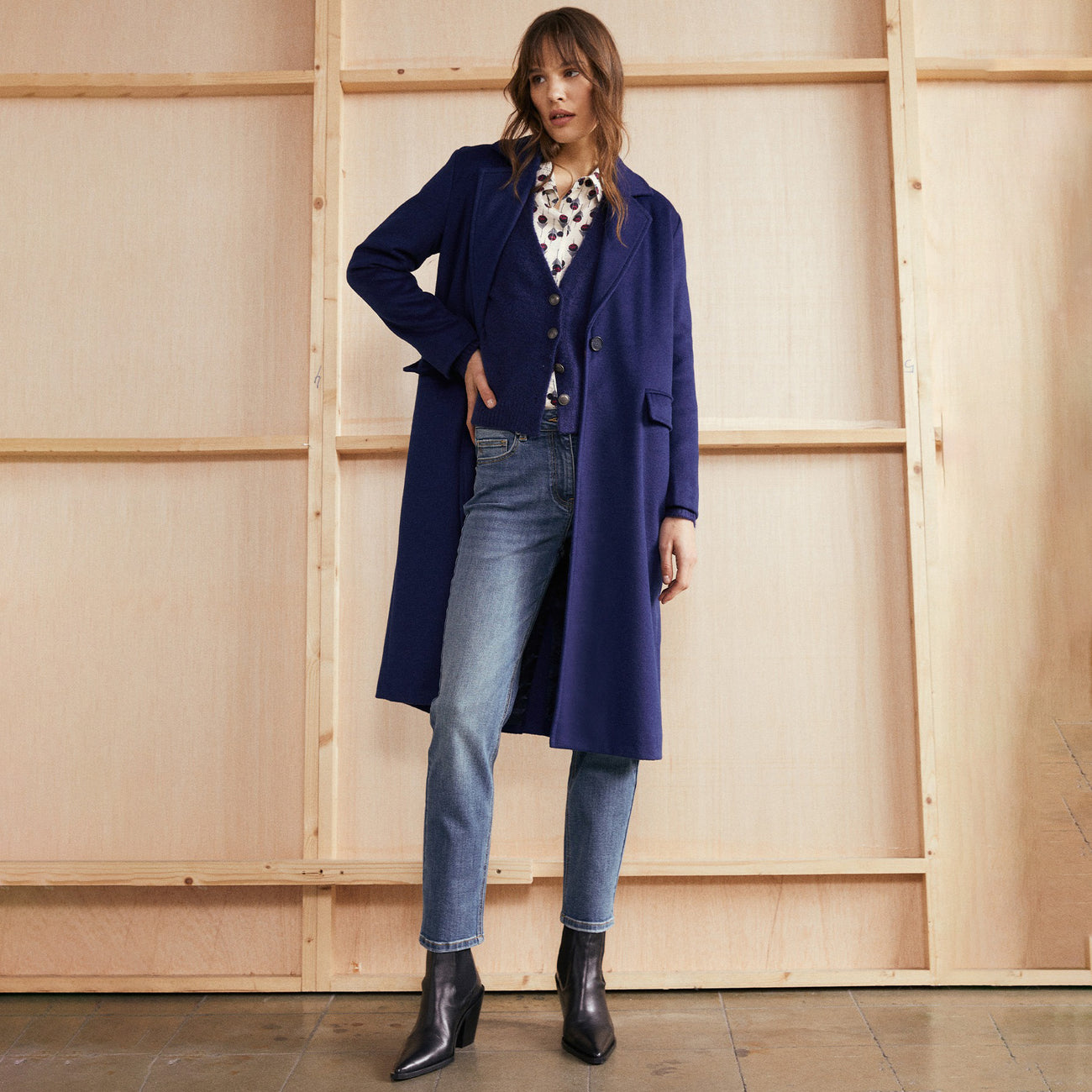 Blue Long Lined Wool Coat