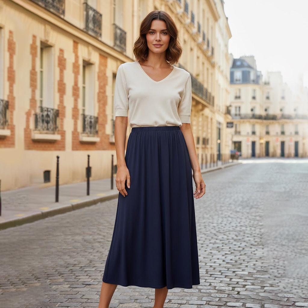 Plain Viscose & Silk Skirt - Navy