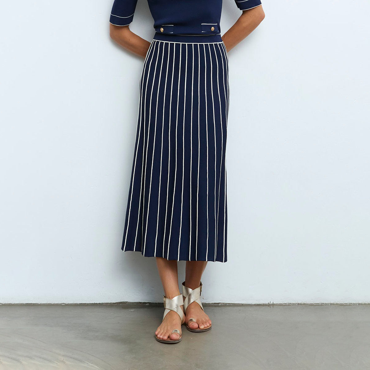 Pleated Knit Midi Skirt With Stripes