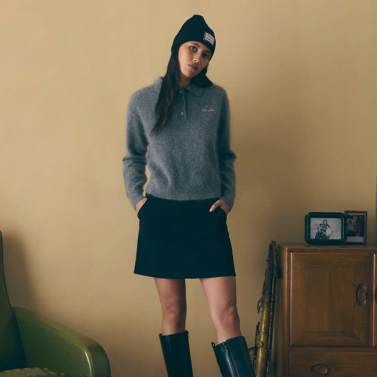 Brazza Wool Cashmere Sweater I Love La Vie - Dark Heather Grey