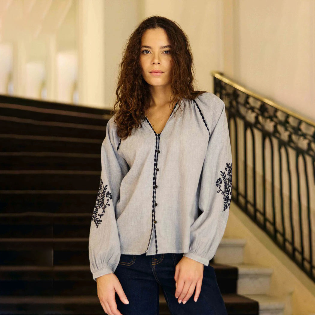 Blena - Blue Embroidered Blouse
