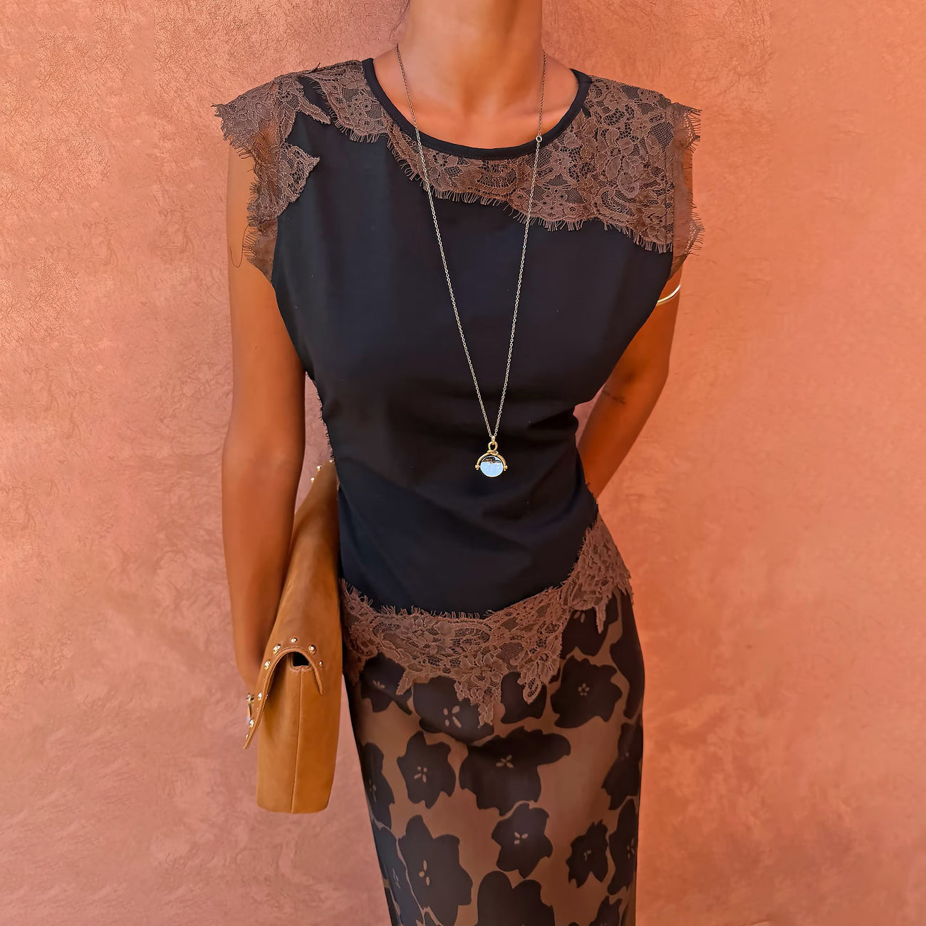Black and Chocolate Lace Jersey Top