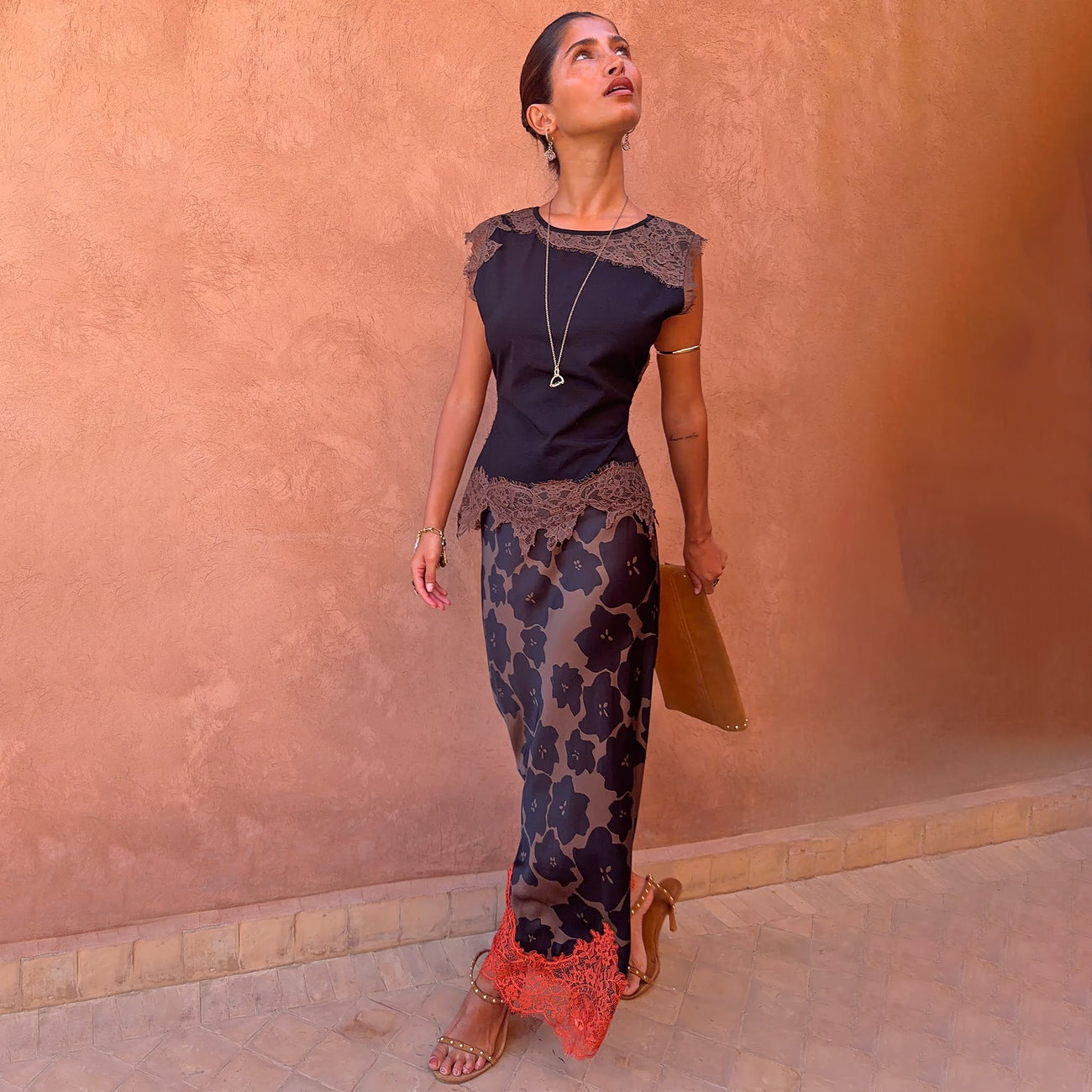 Tan Jaden Floral Midi Meava Skirt
