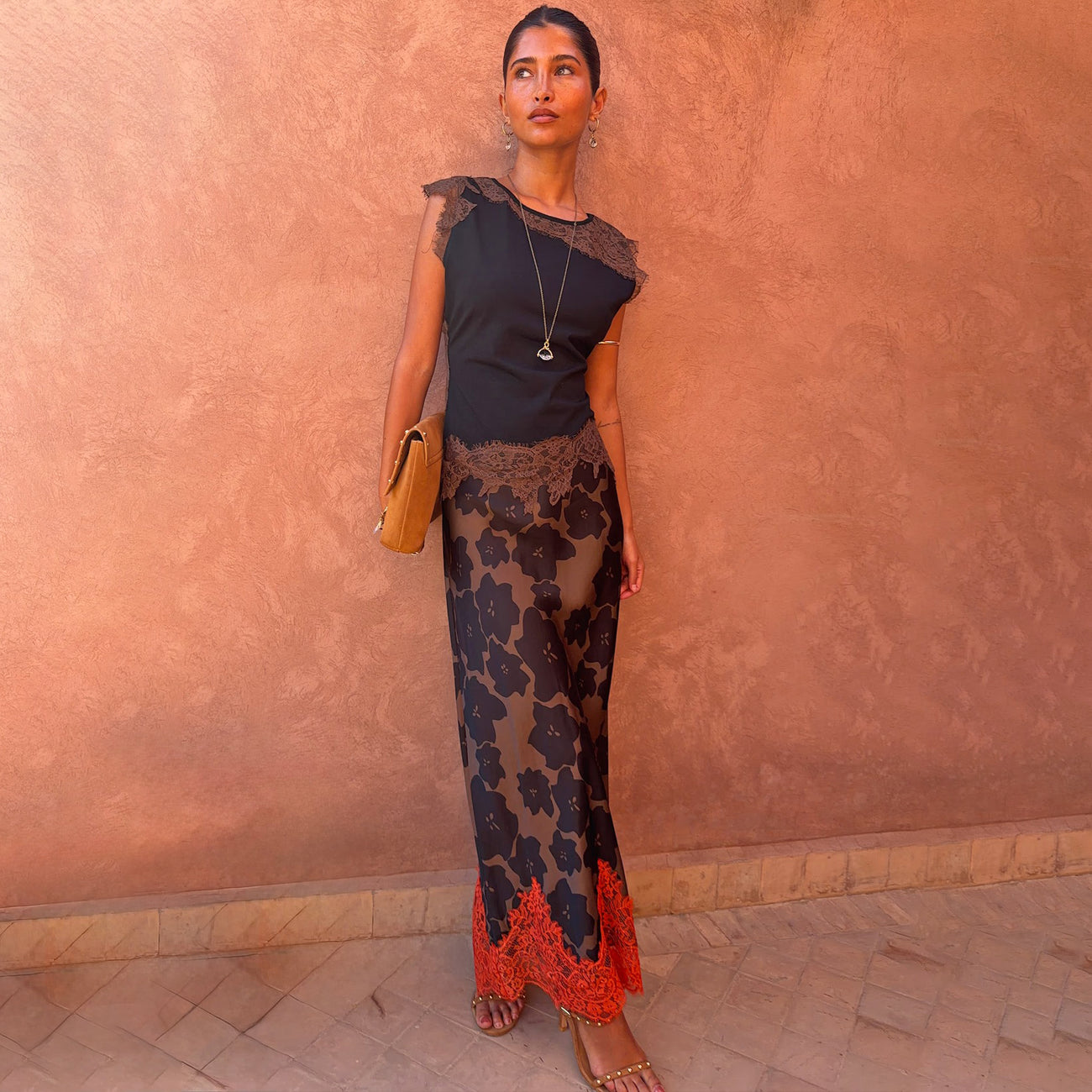 Tan Jaden Floral Midi Meava Skirt