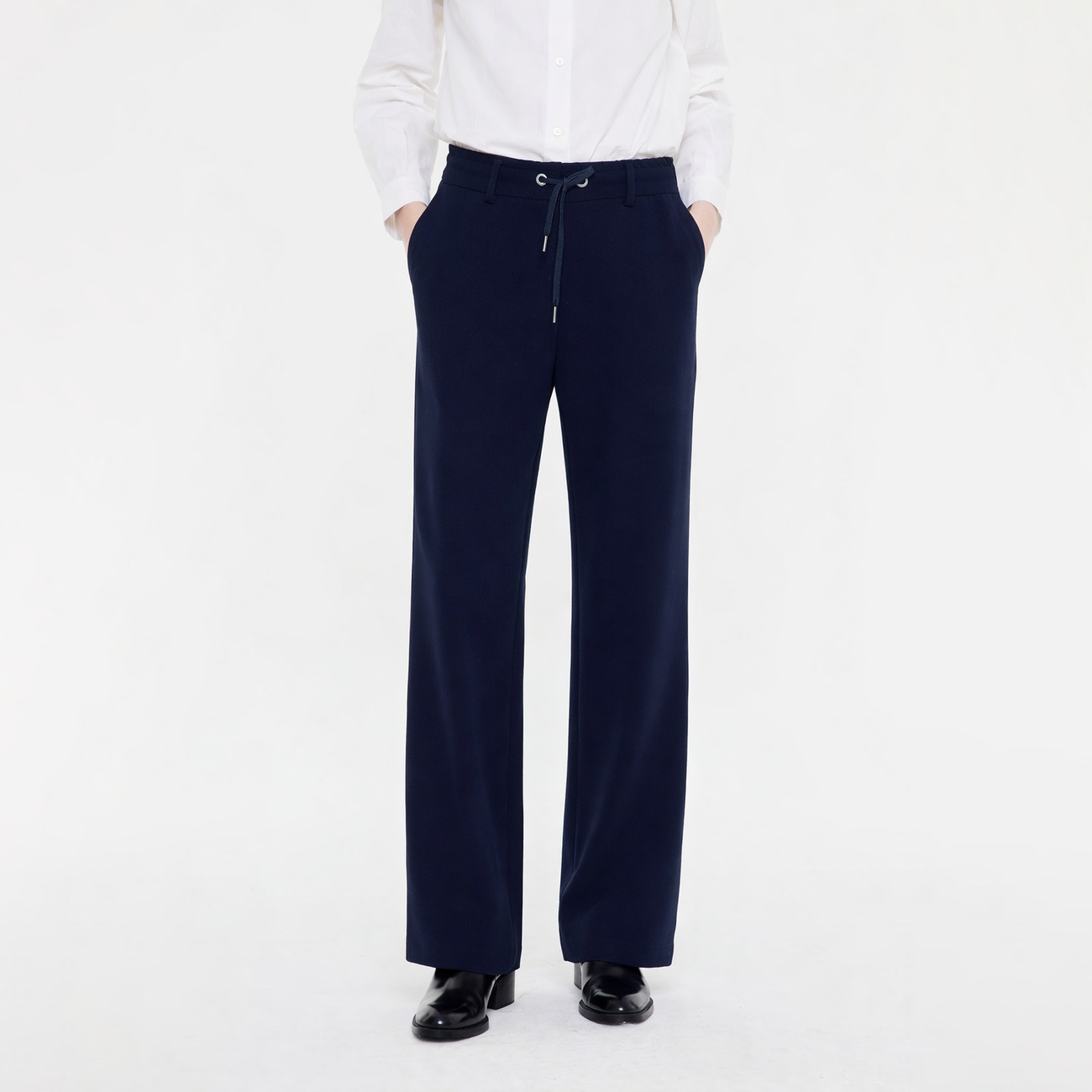 Wide-Leg Trousers with Elastic Waistband - Navy