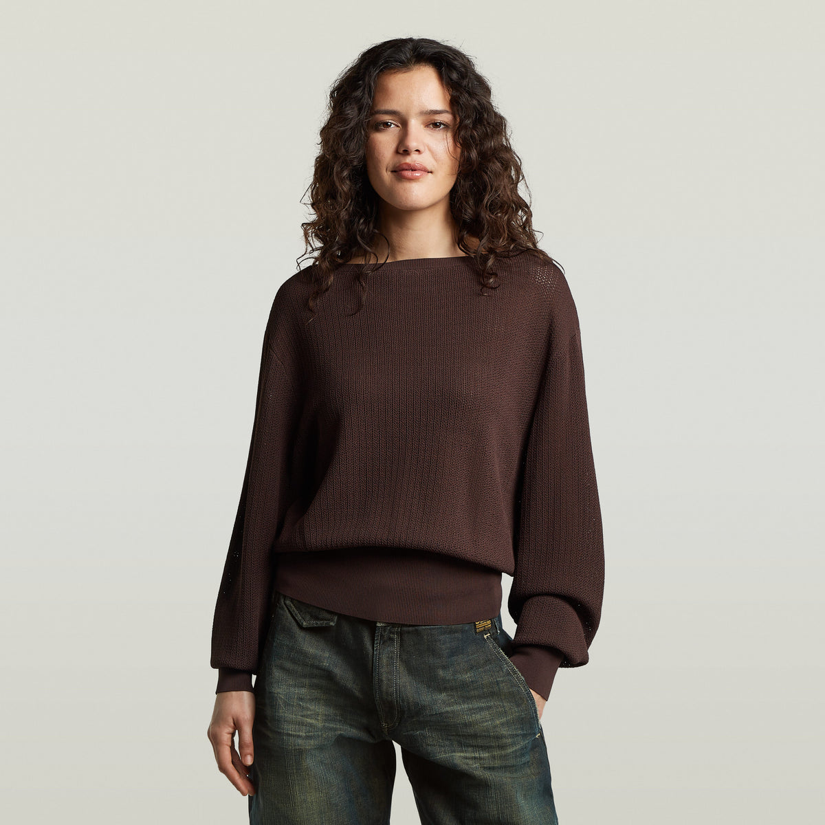 Open Neck Structure Knit - Coffee Bean