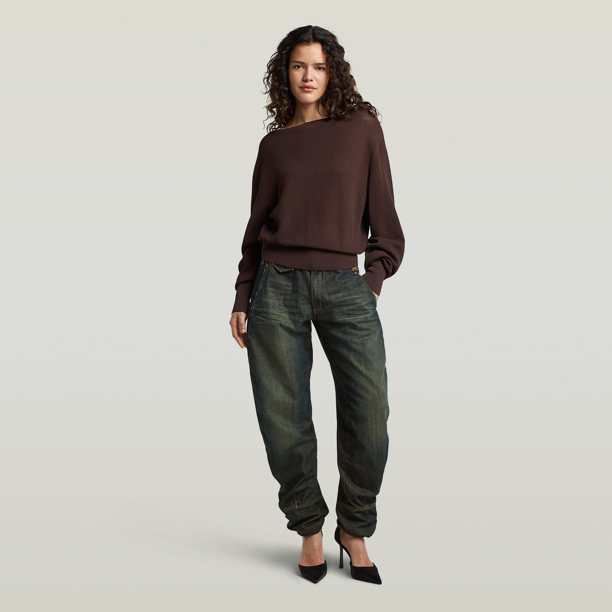Open Neck Structure Knit - Coffee Bean