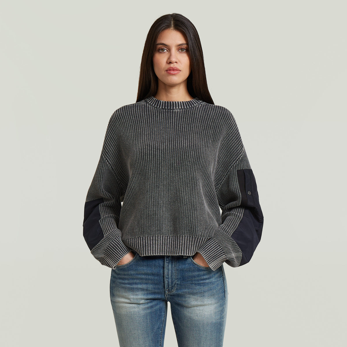 Washed Mixed Media Crew Pullover - Blue