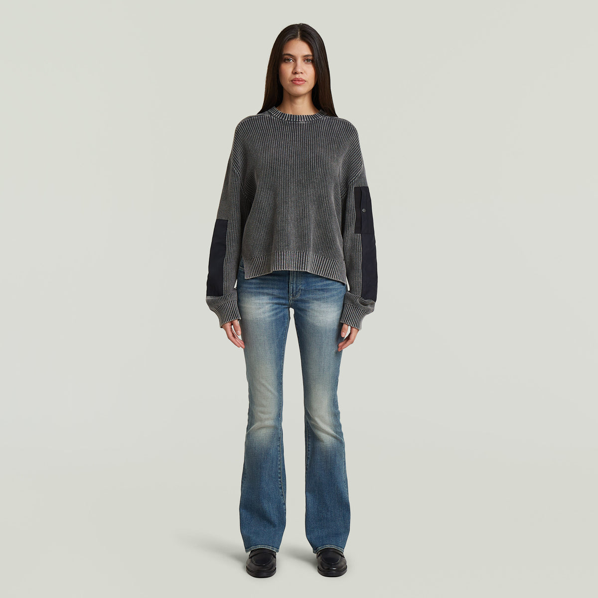 Washed Mixed Media Crew Pullover - Blue