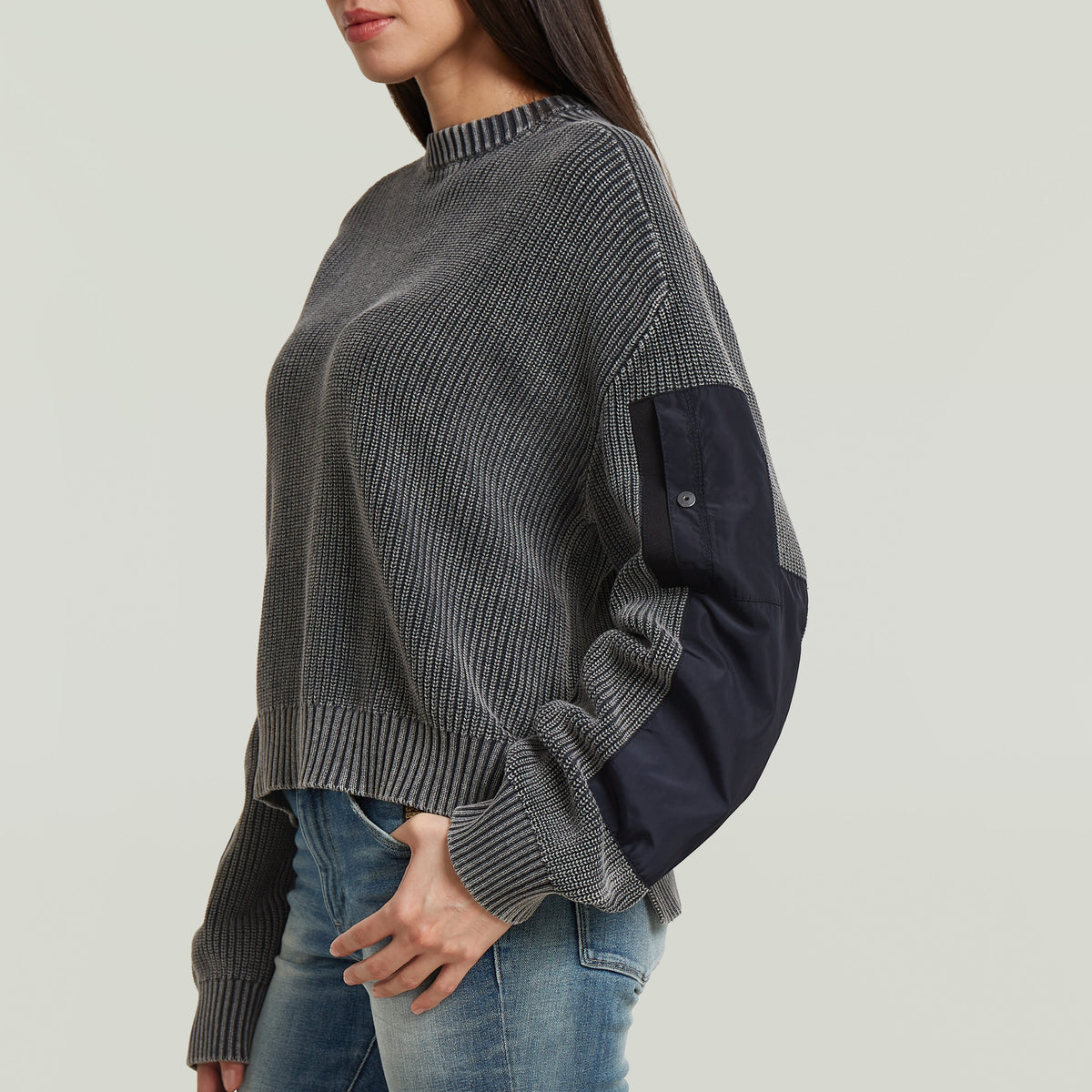 Washed Mixed Media Crew Pullover - Blue