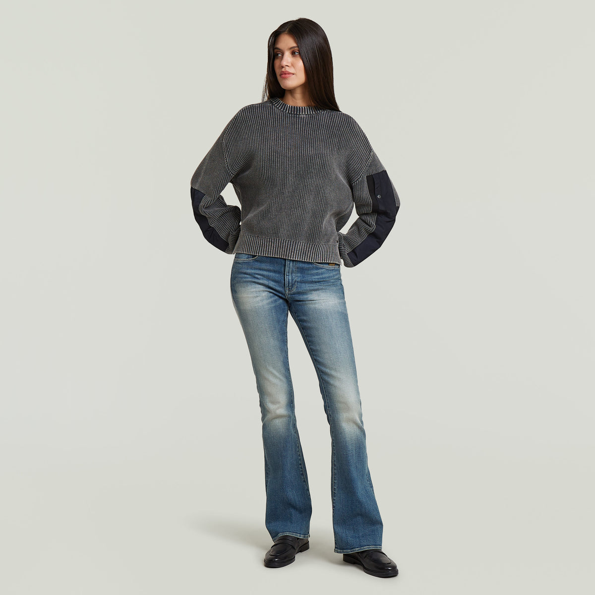 Washed Mixed Media Crew Pullover - Blue
