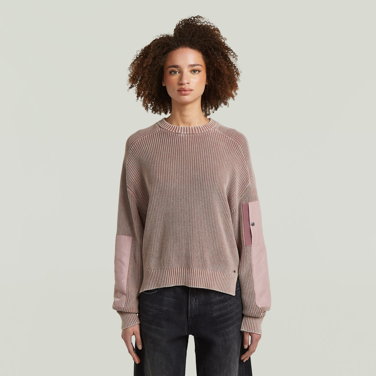 Washed Mixed Media Crew Pullover - Pink