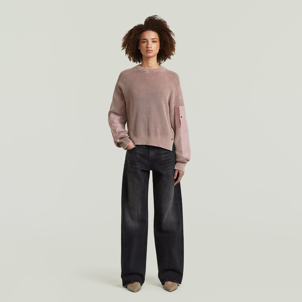 Washed Mixed Media Crew Pullover - Pink