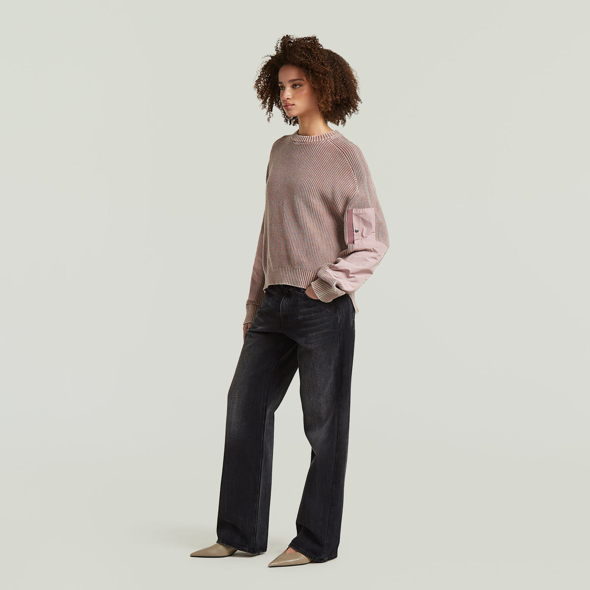 Washed Mixed Media Crew Pullover - Pink