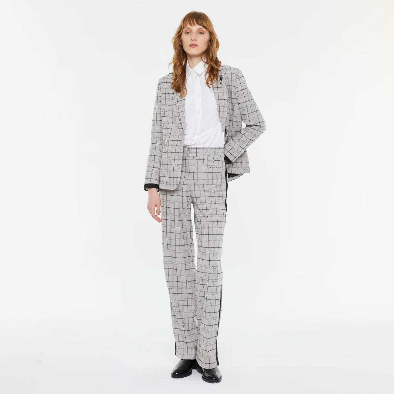 High-Waisted Light Grey Plaid Trousers