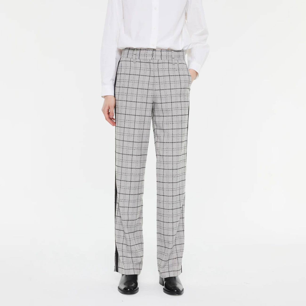 High-Waisted Light Grey Plaid Trousers