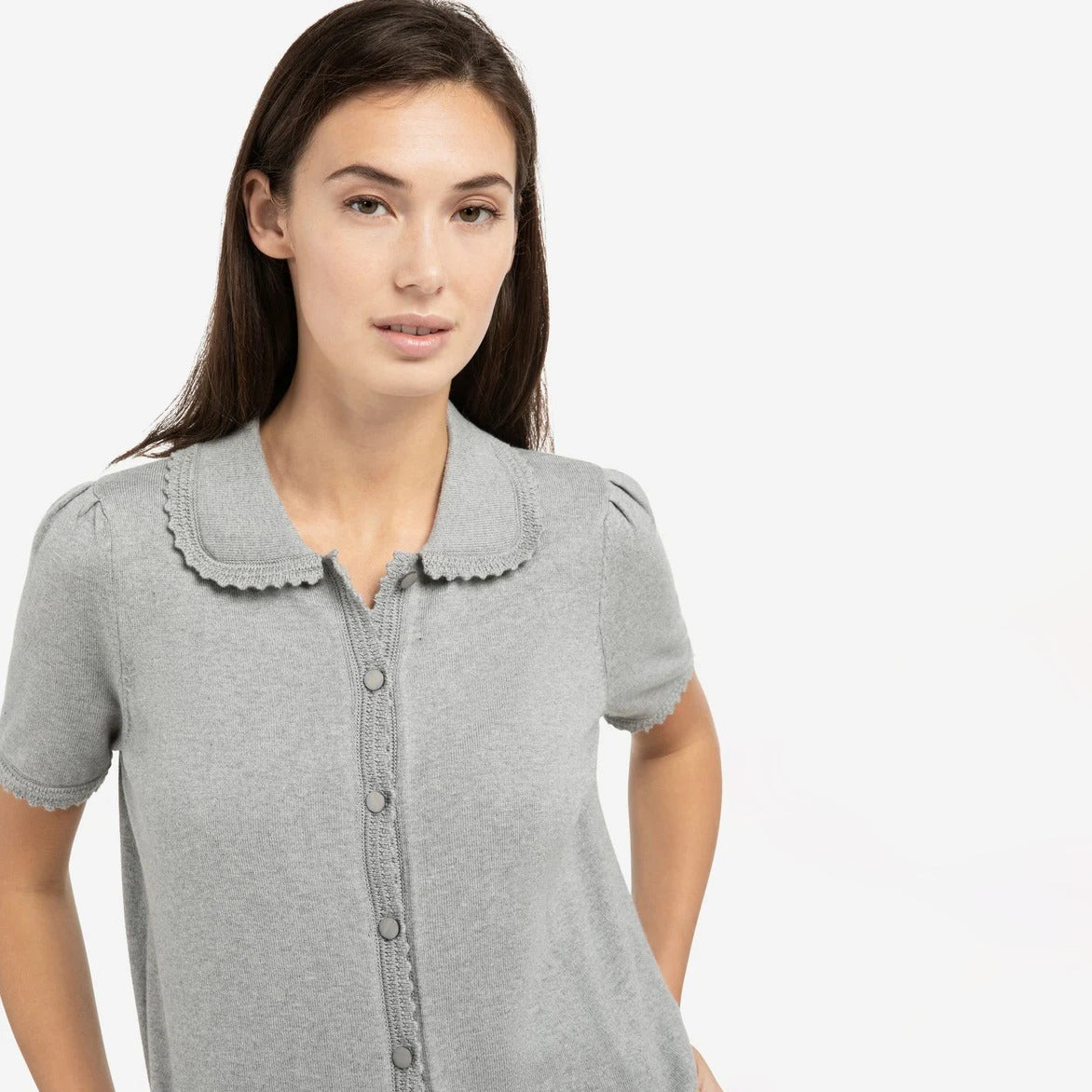 Knitted Cardigan with Short Sleeves -  Iron Grey Melange