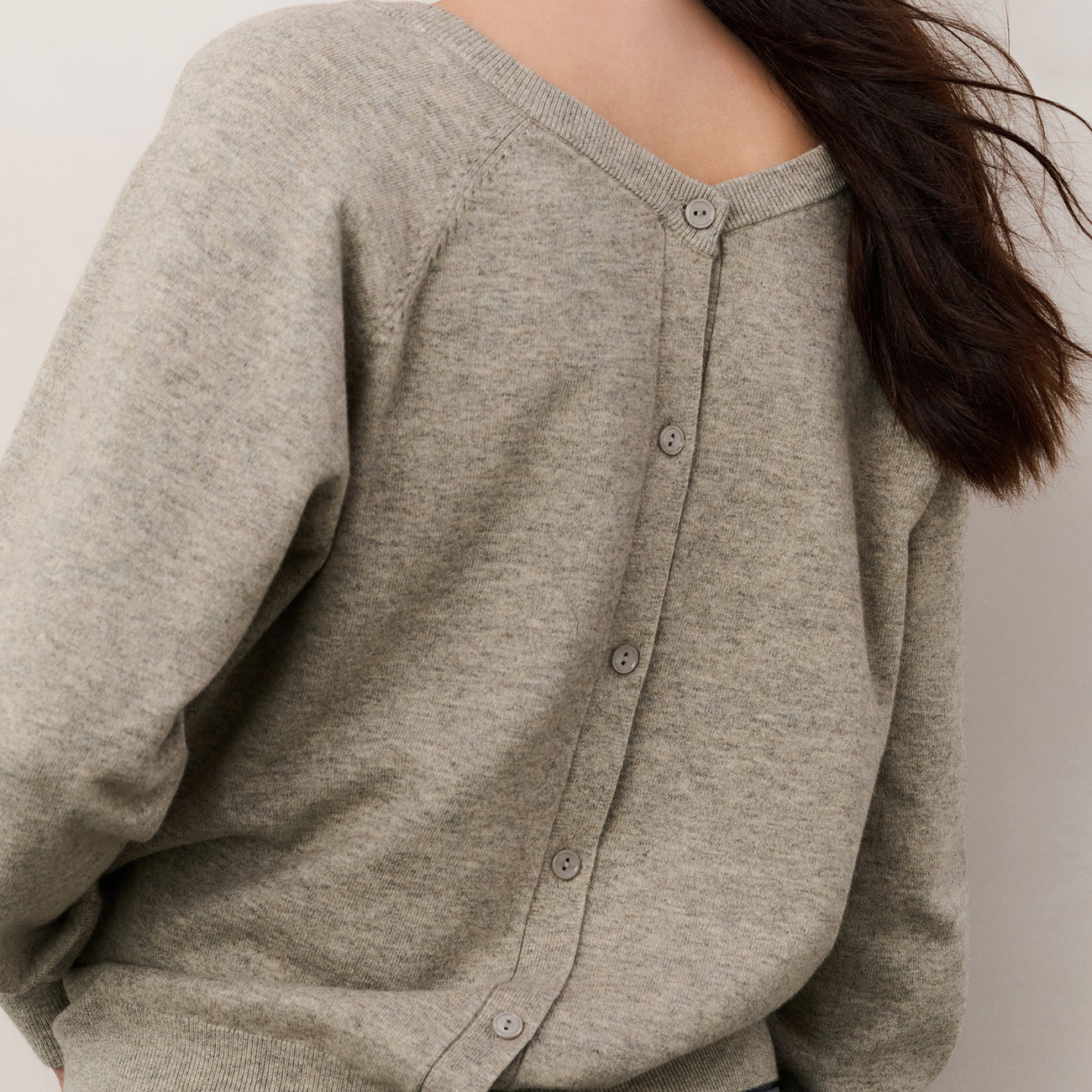 Double V-Neck Sweater with Back Button Detail - Brownish Grey