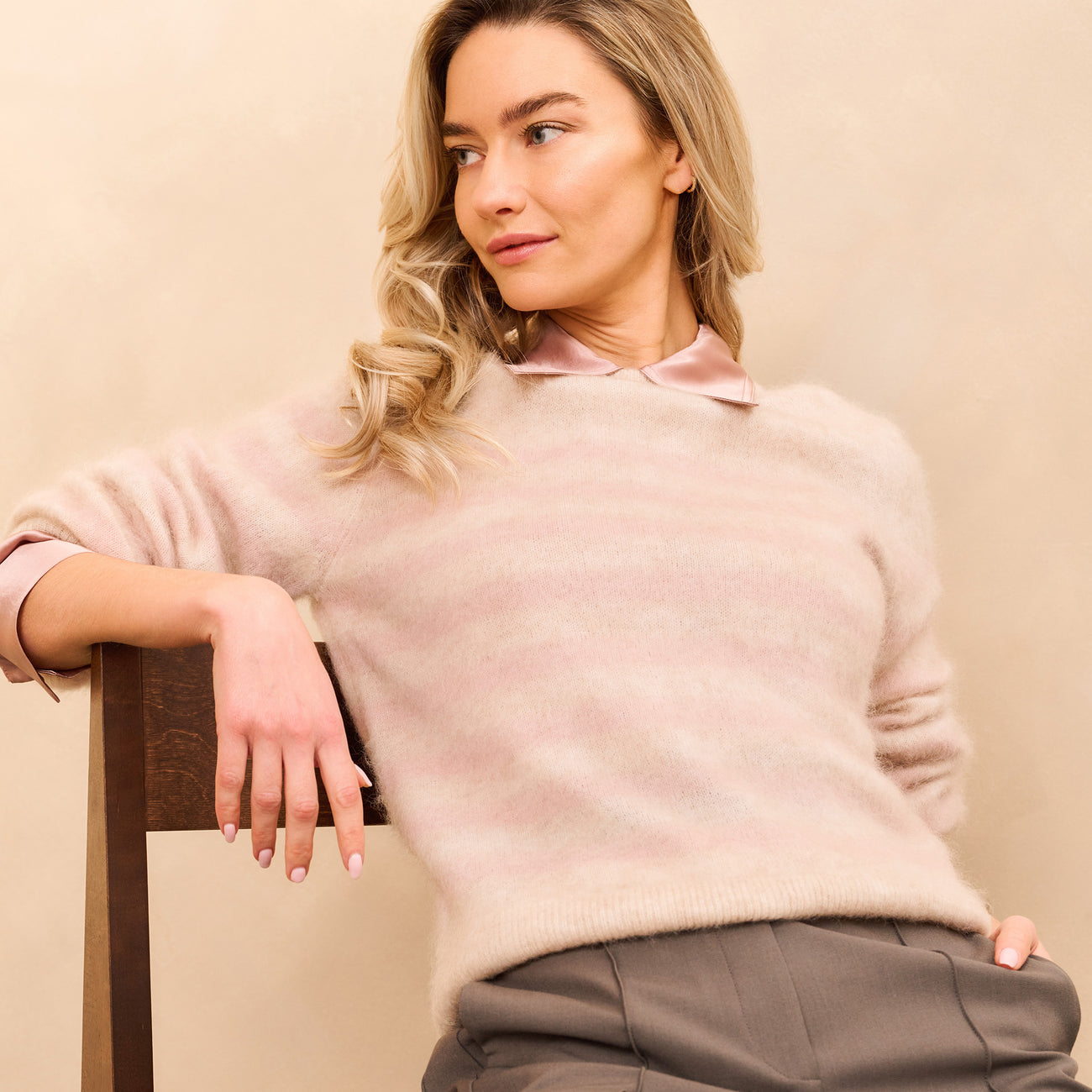 Striped Sweater with Round Neck - Shadow Grey Pink