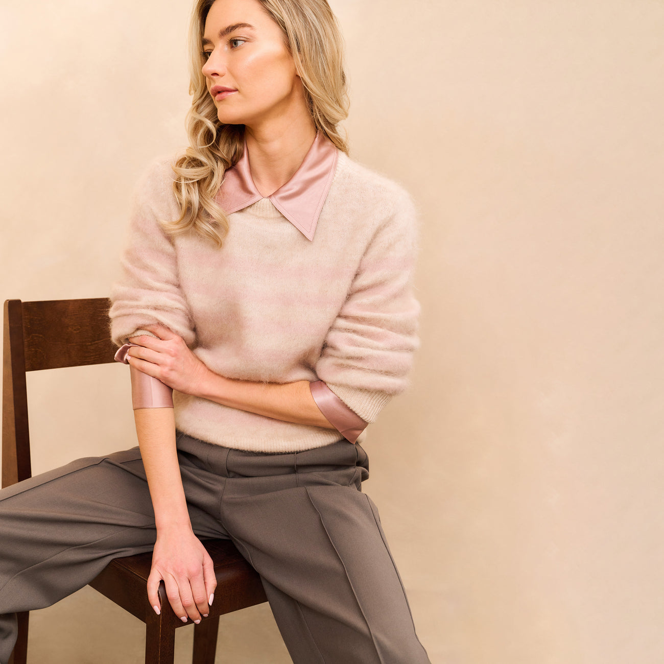 Striped Sweater with Round Neck - Shadow Grey Pink