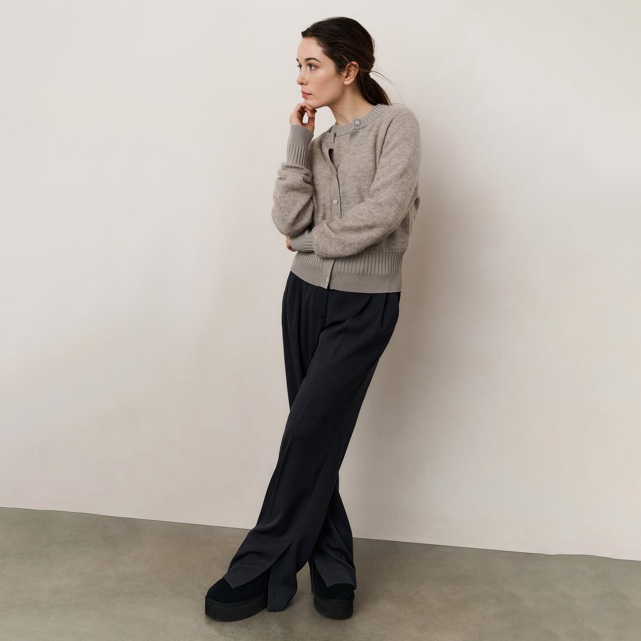Woven Trousers with Wide Leg and Slit - Oyster Black