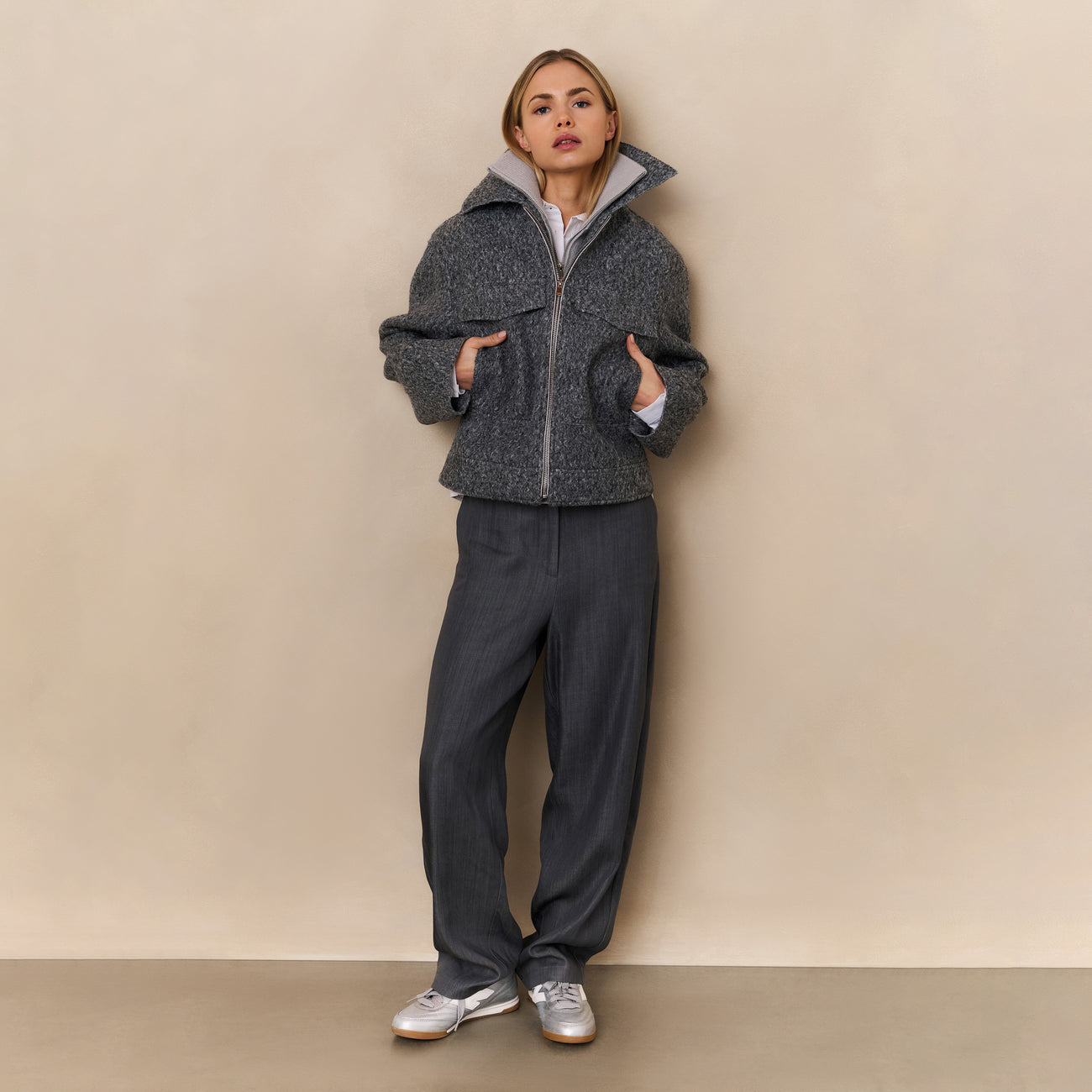 Short Bouclé Jacket with Stand-Up Collar
