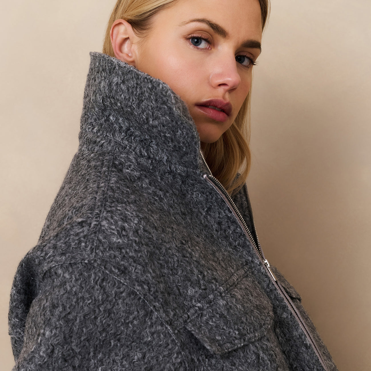 Short Bouclé Jacket with Stand-Up Collar