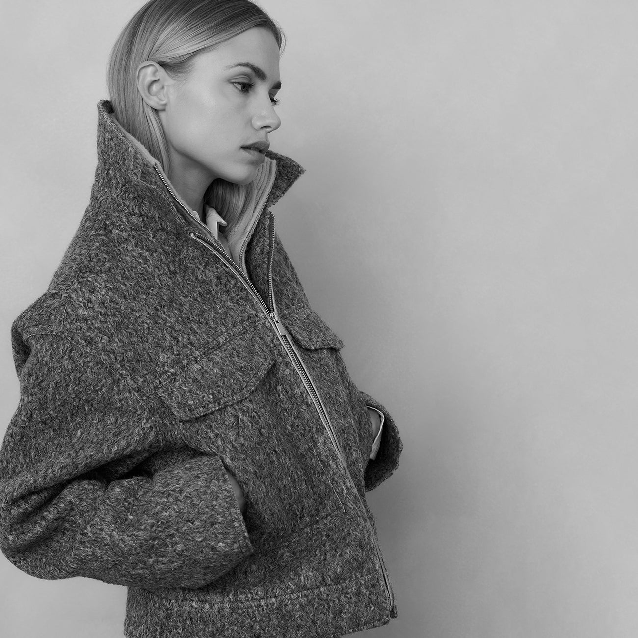 Short Bouclé Jacket with Stand-Up Collar