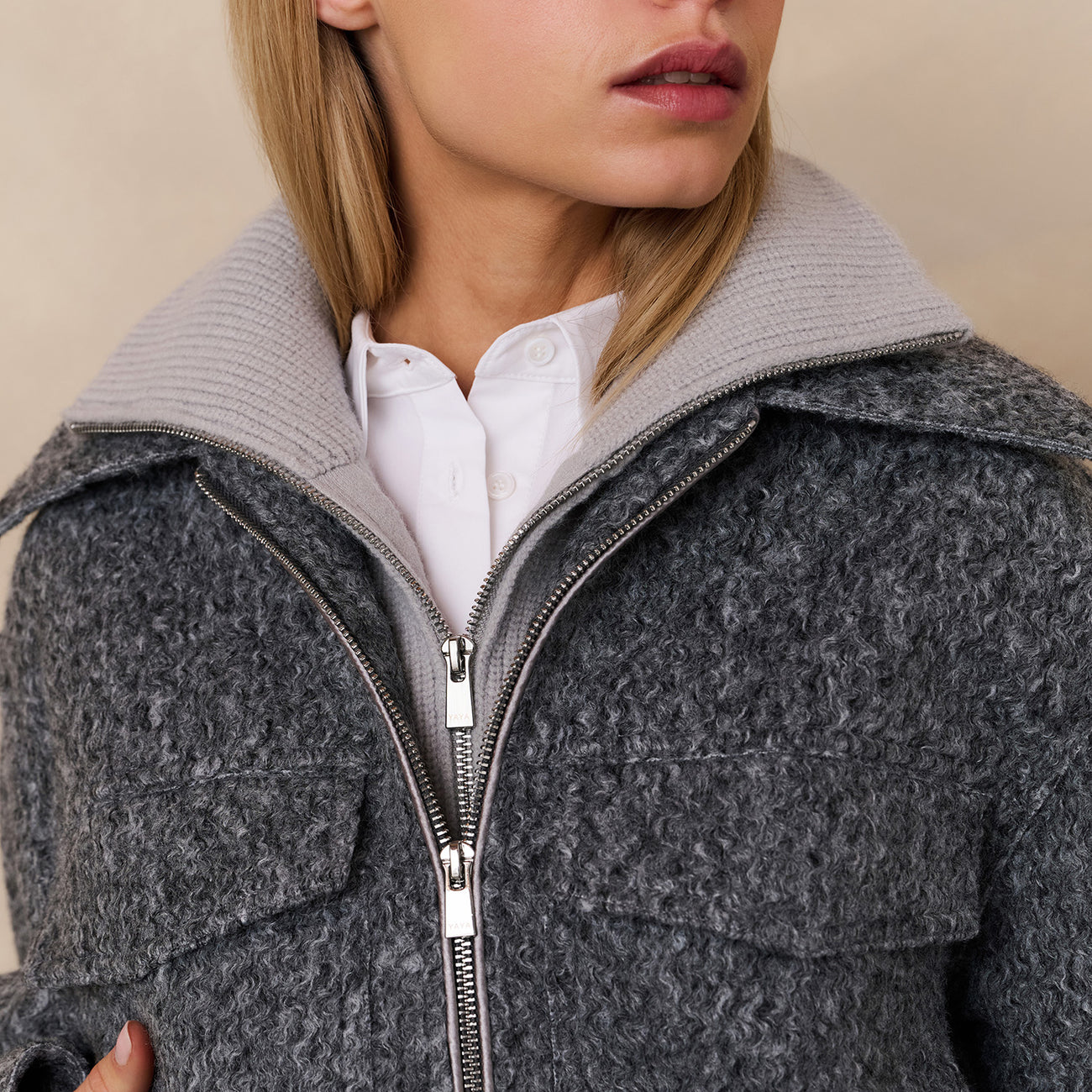Short Bouclé Jacket with Stand-Up Collar